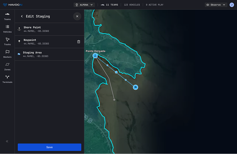 view of software showing map, icons, and possible functions